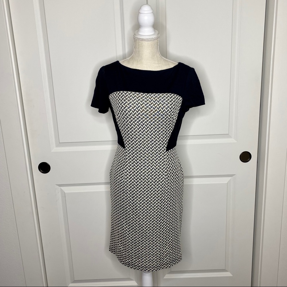 ADRIANNA PAPELL BLACK AND WHITE CAP SLEEVE DRESS